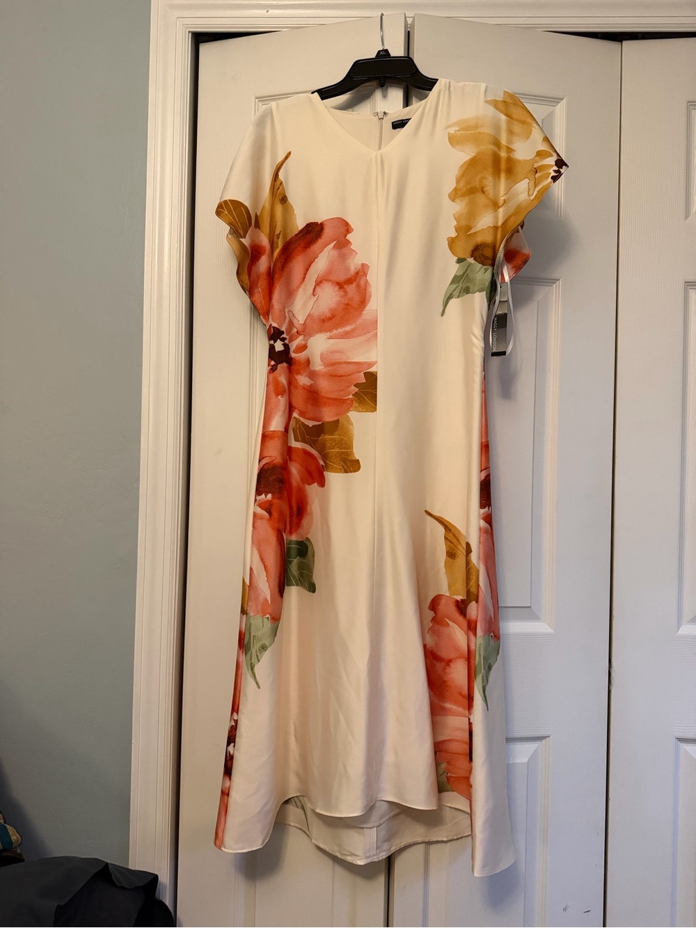 Cream Floral Midi Dress with Orange-Pink Blooms